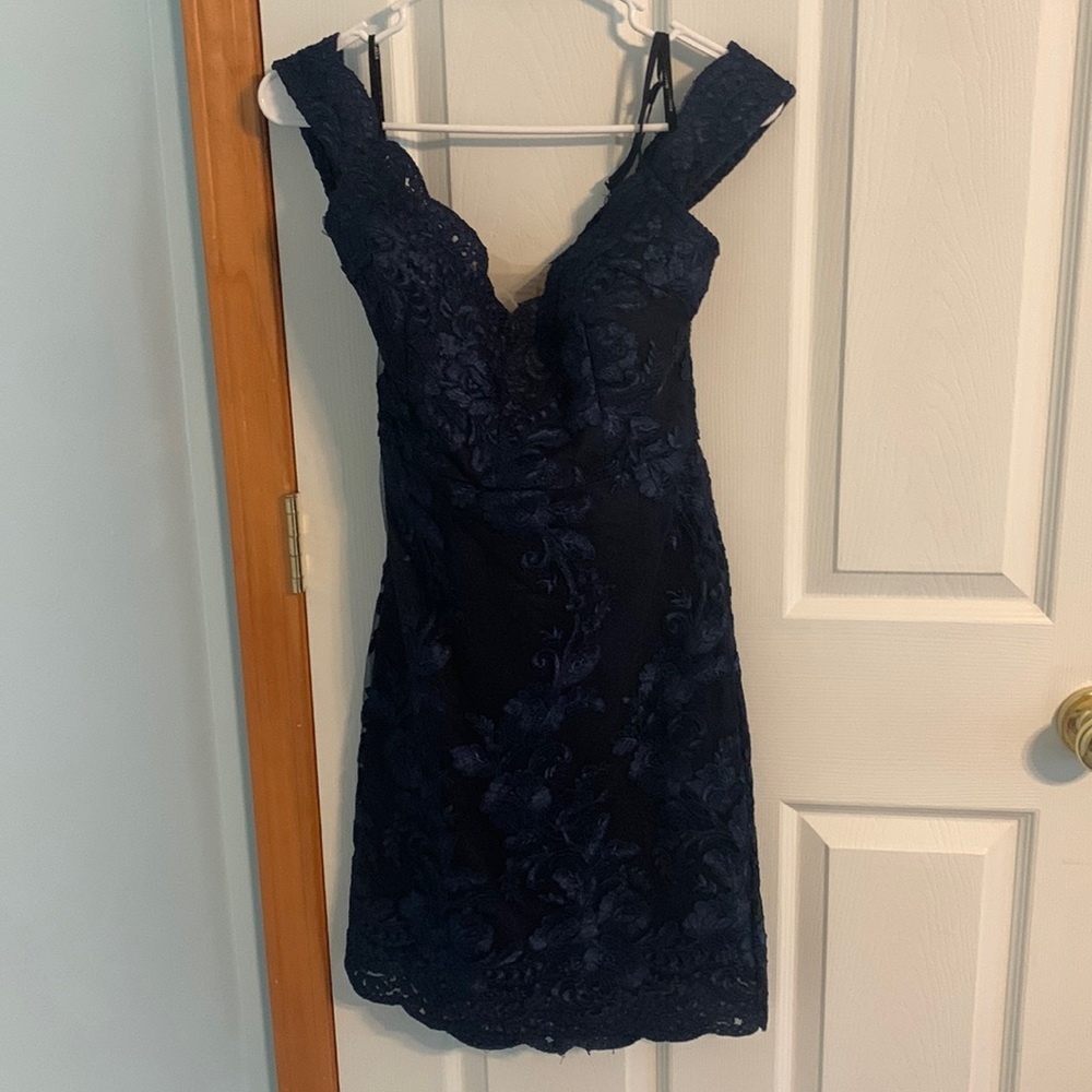 Navy blue lace off the shoulder cocktail dress